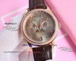 Replica Patek Philippe coffee dial rose gold diamond bezel multi-function chronograph watch 